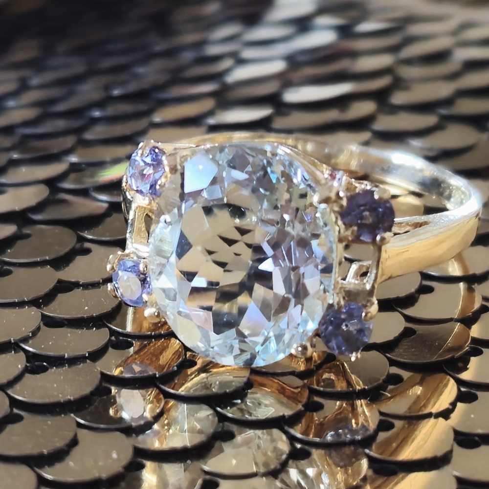 14k Yellow GOLD Ring 10x12mm Oval Aquamarine Tanzanite Sz 7.75 Designer Vintage